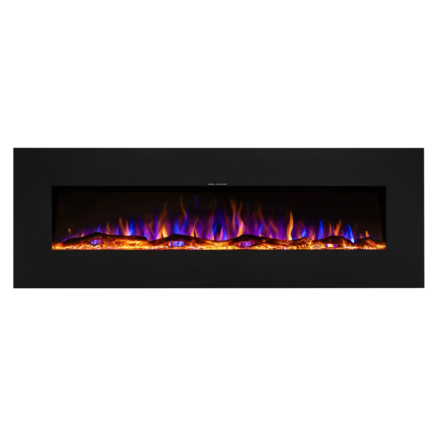 Wall mounted electric fireplace with black frame and realistic multicolour LED flames