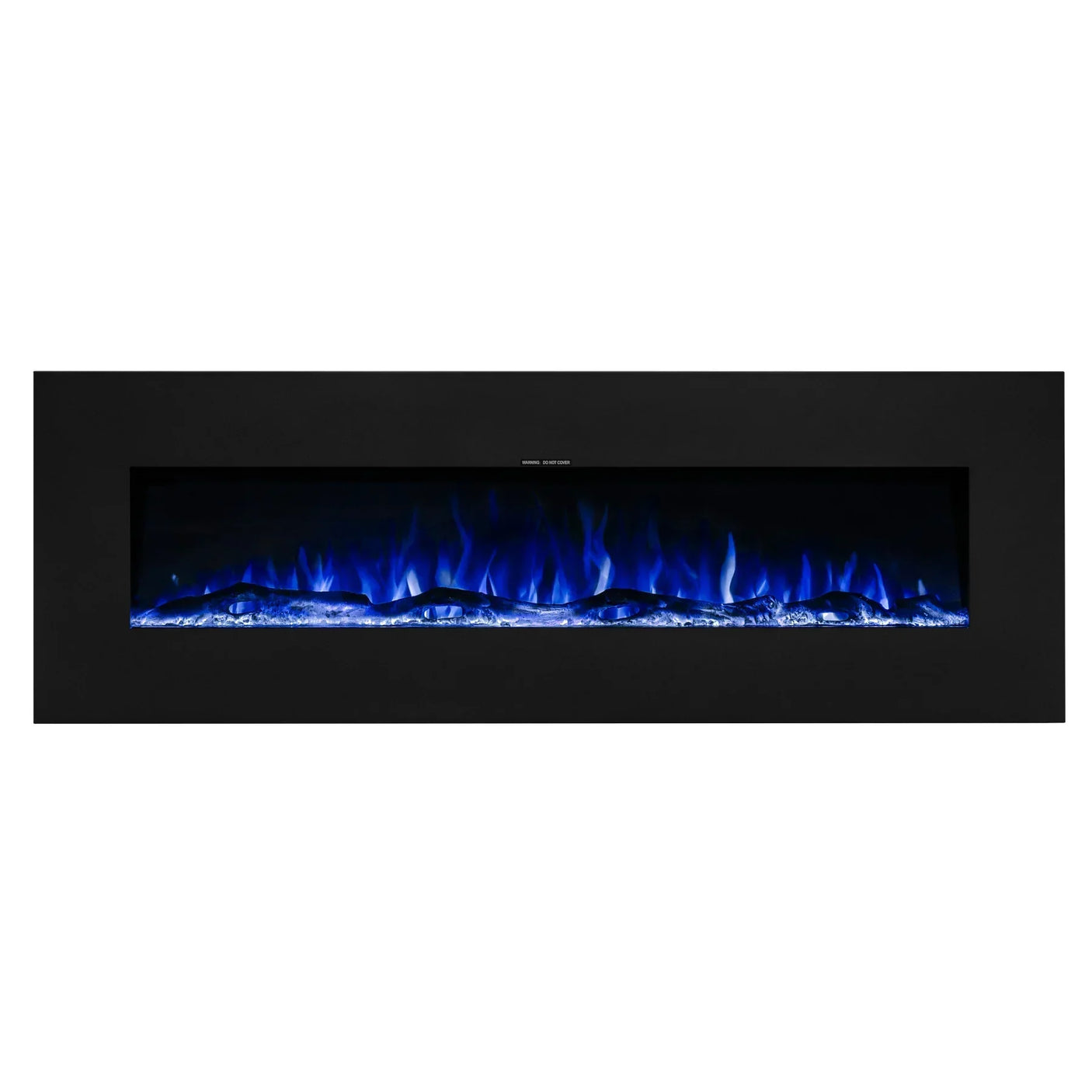 Black wall mounted electric fireplace with blue LED flame and crystal ember bed