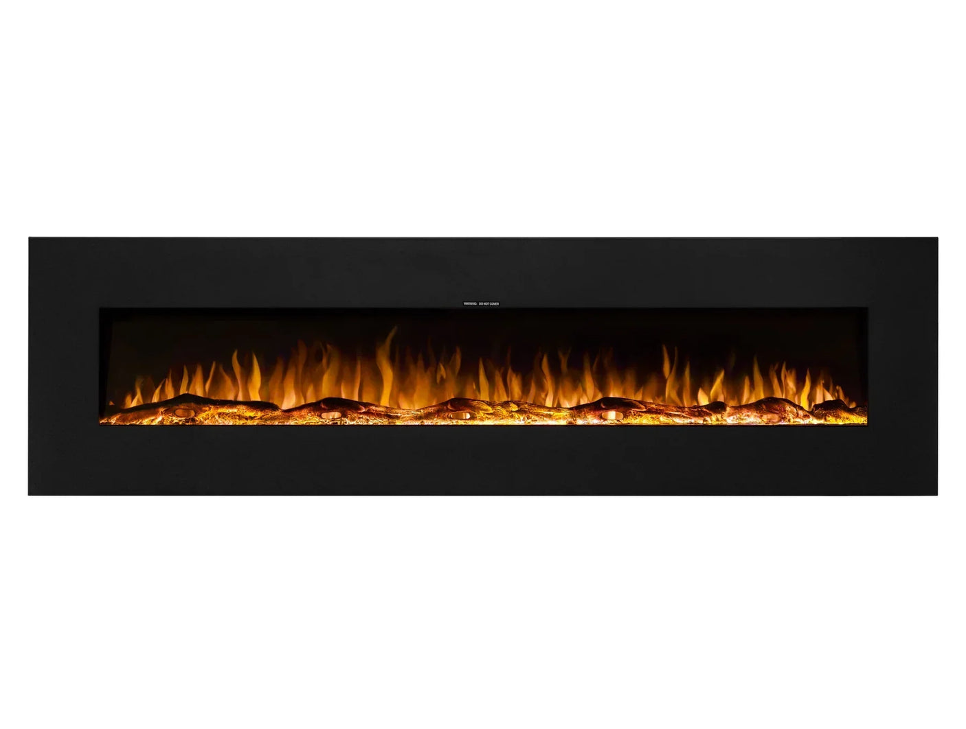 Modern electric fireplace with black frame and realistic flame effect