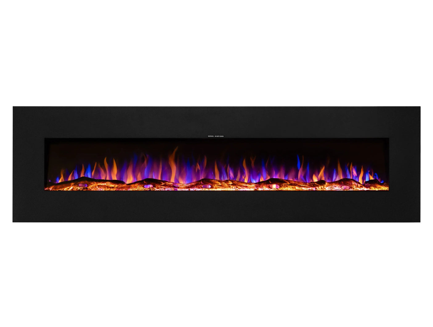 black wall mounted electric fire with realistic multicolour LED flames and log effect