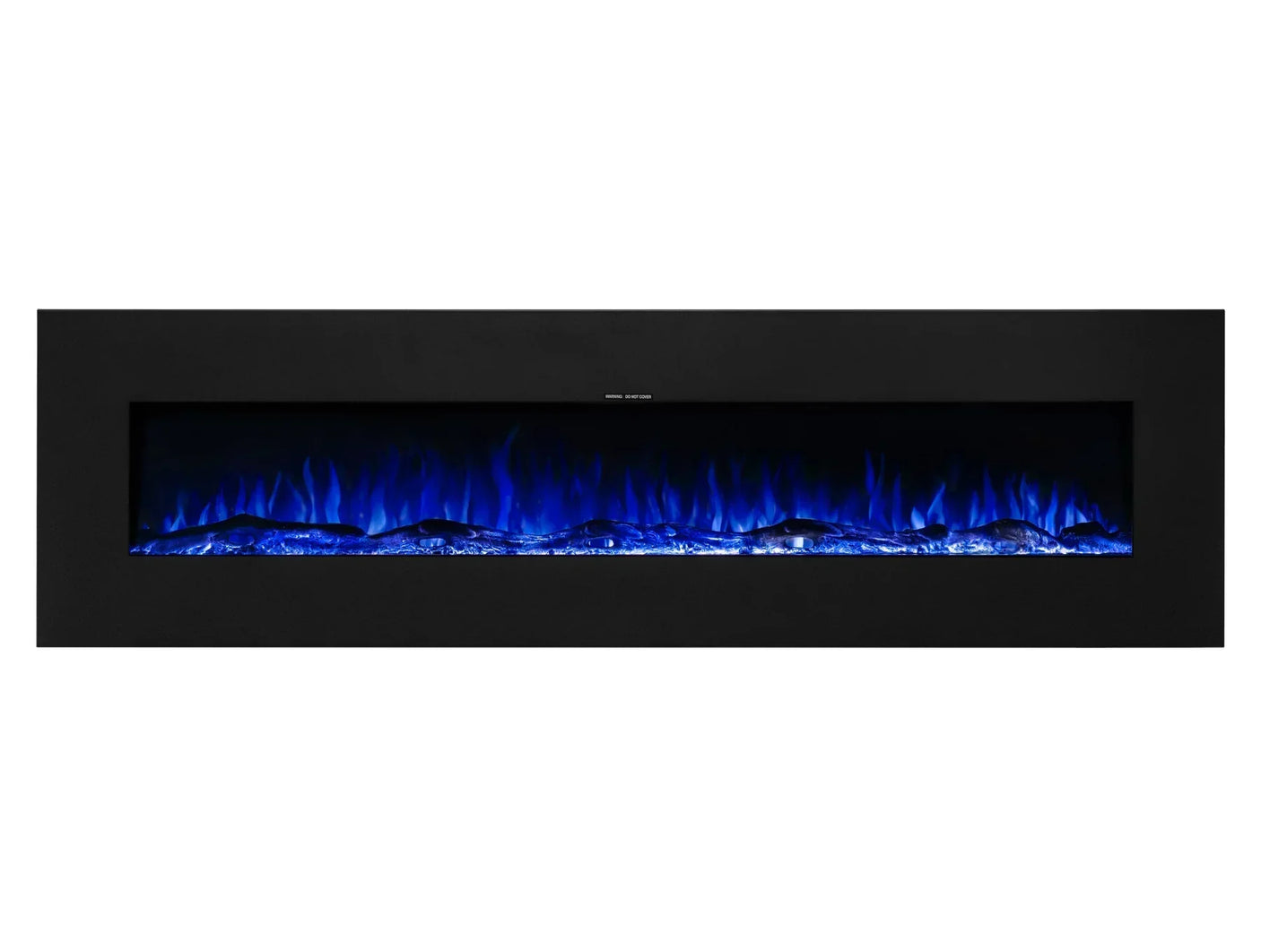 Modern electric fireplace with black frame and blue LED flame effect