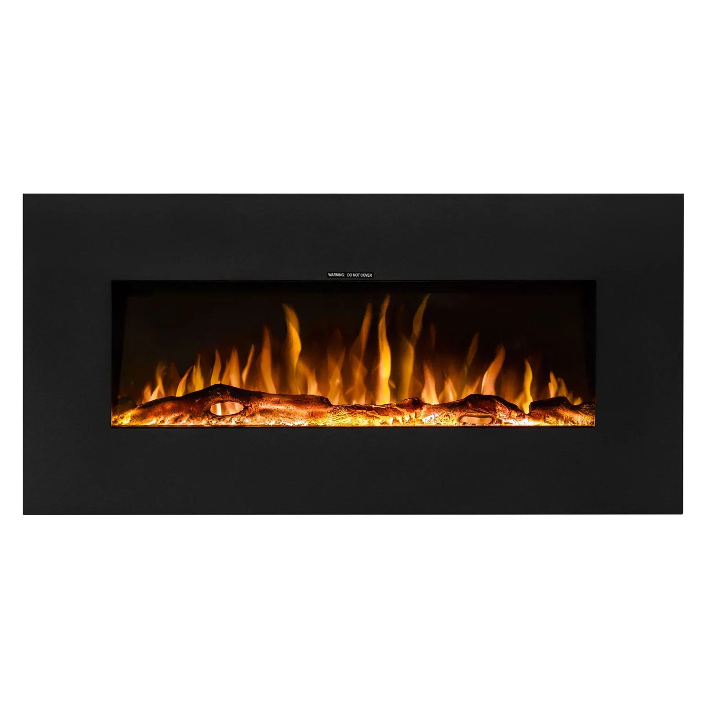 Wall mounted electric fireplace with black frame and realistic flame effect