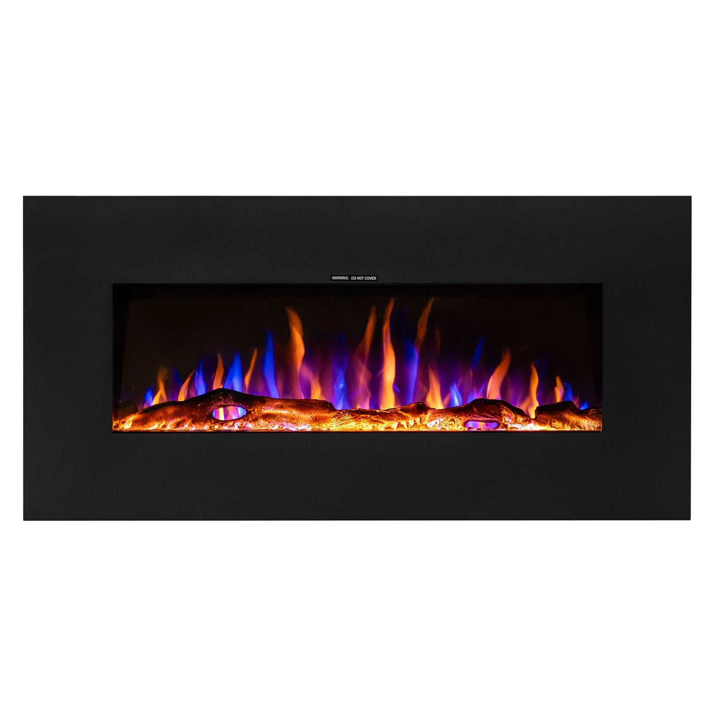 Wall mounted electric fire with black frame and realistic multicolor flame effect