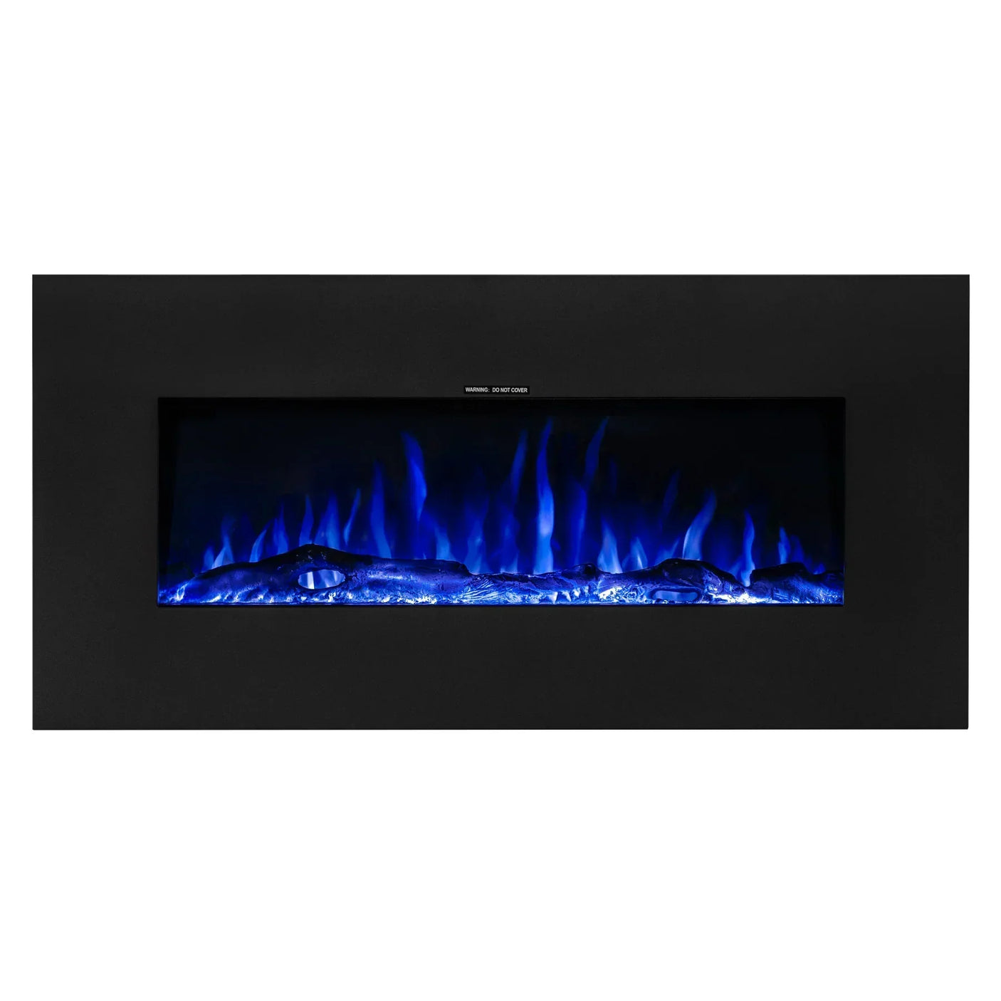 black wall mounted electric fire with blue LED flame effect and glass front