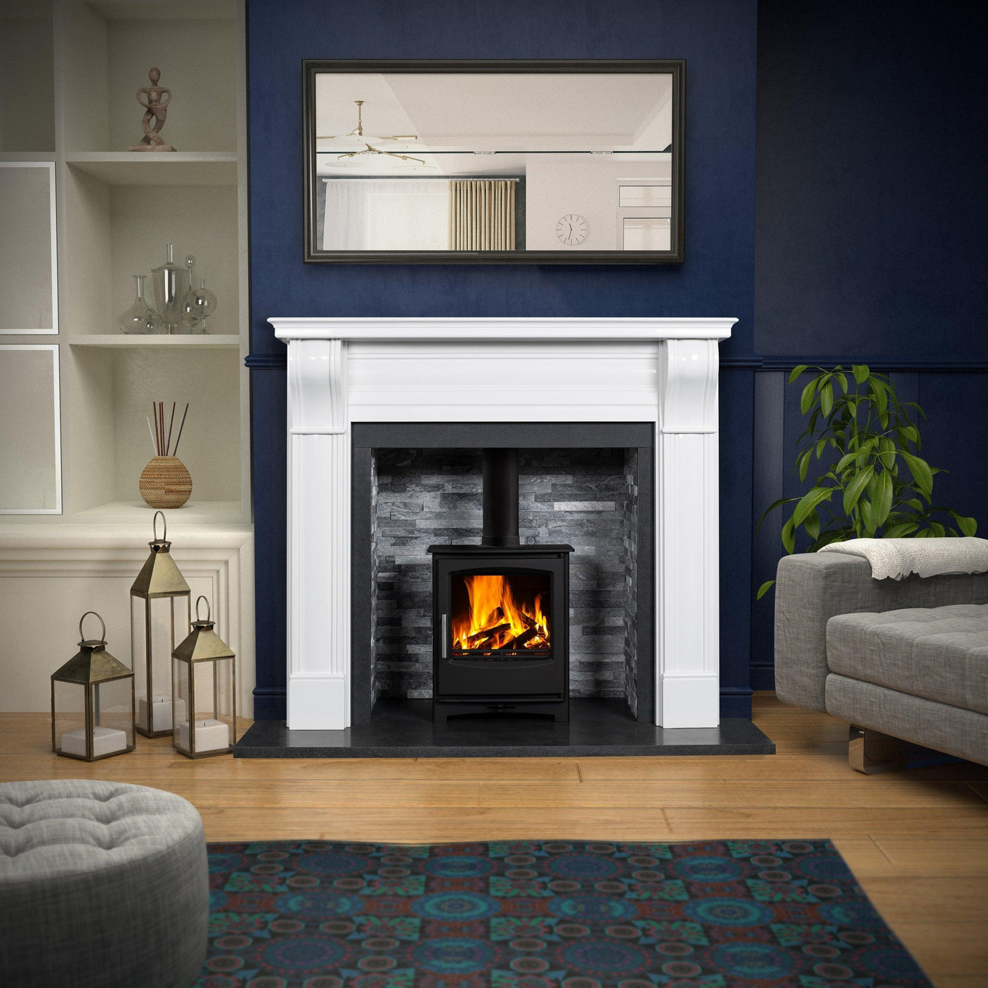 White polar fireplace surround with wood burning stove set against grey stone insert