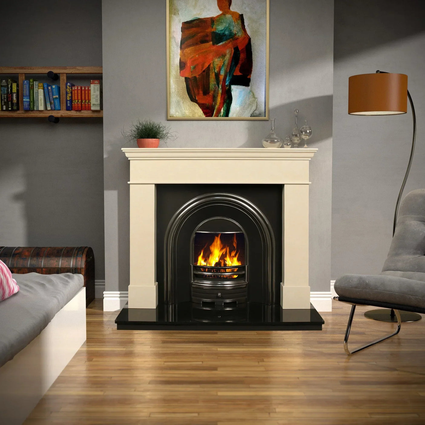Ivory cream fireplace suite with black cast iron insert and burning fire in modern living room