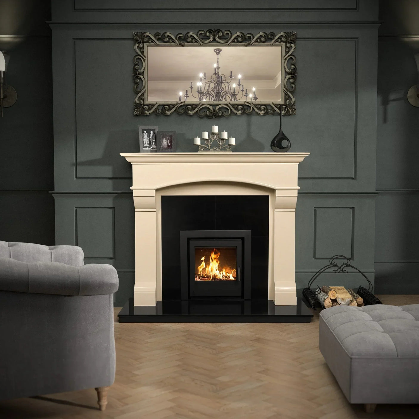 Virgo ivory cream fireplace with black hearth and lit fire in modern living room setting
