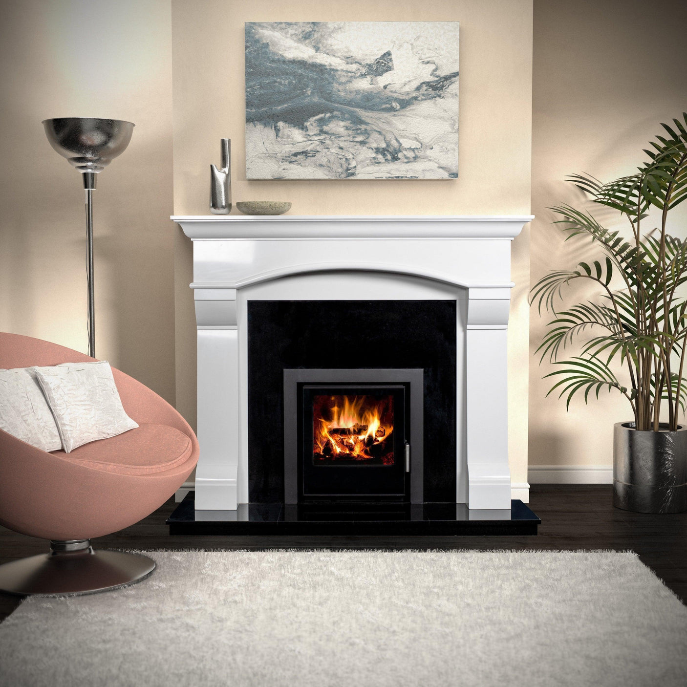 Virgo Polar White fireplace with black surround in modern living room setting