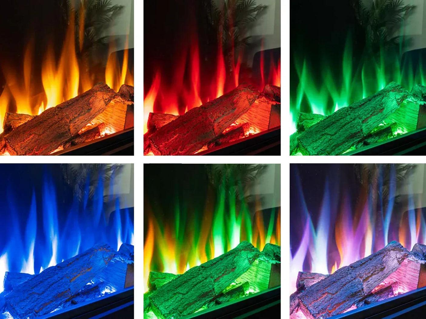 Electric fireplace logs with six flame color settings including yellow, red, green, and blue