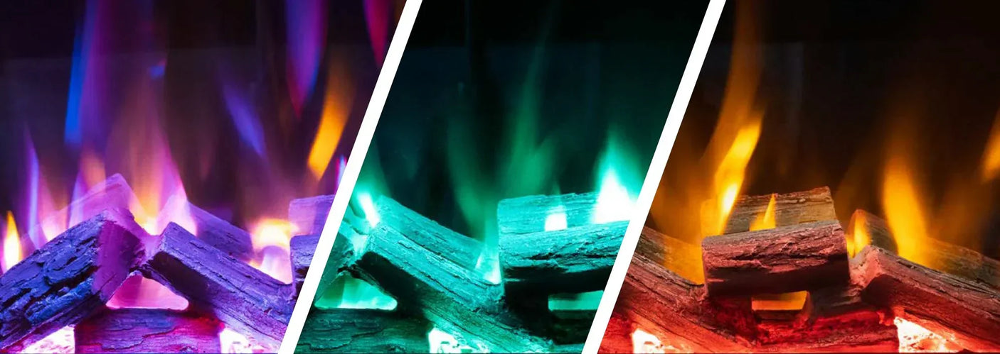 Electric fire display with multicolor LED flame effects and decorative logs