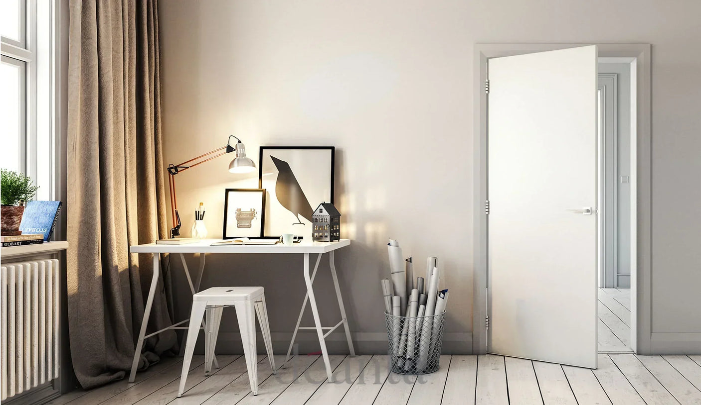 Flush primed door with white finish in modern home office setting