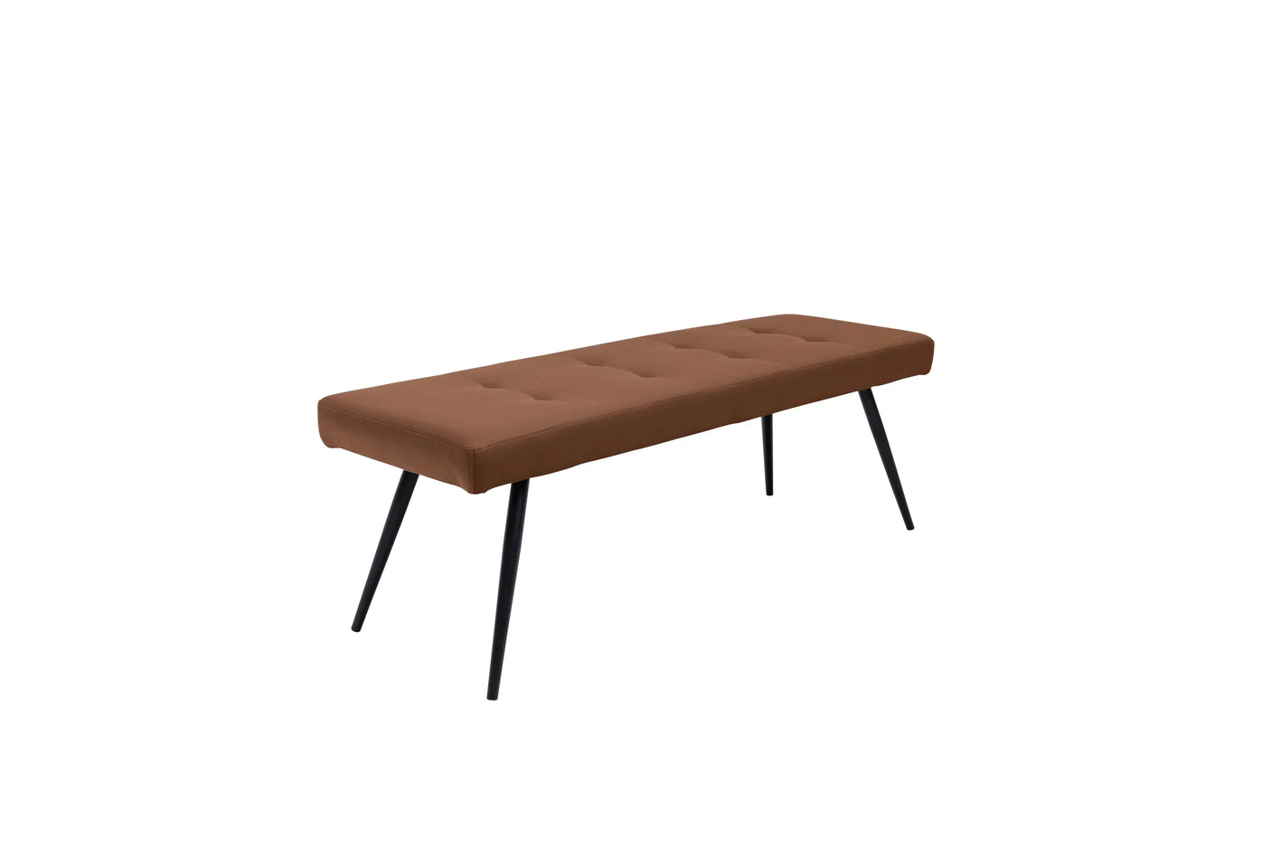 Brown upholstered bench with tufted seat and black angled metal legs on white background