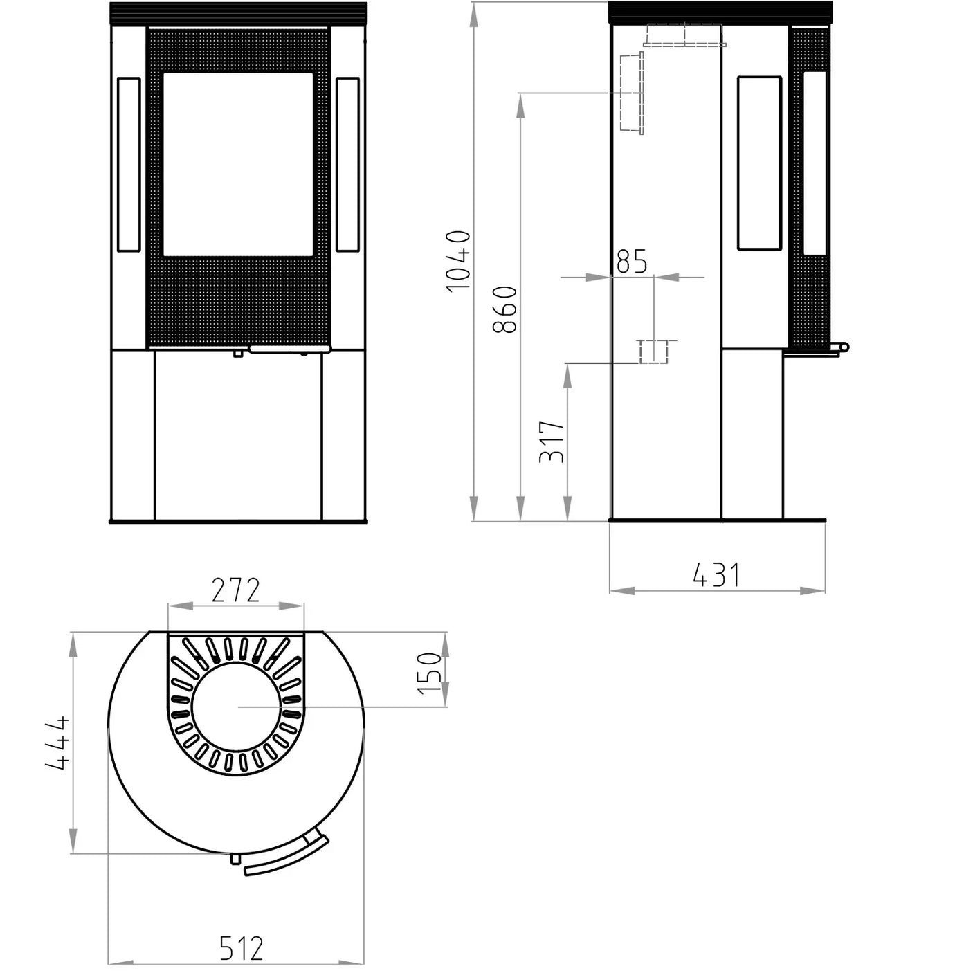 Black wood burning stove technical drawing with front, side, and top dimensions shown