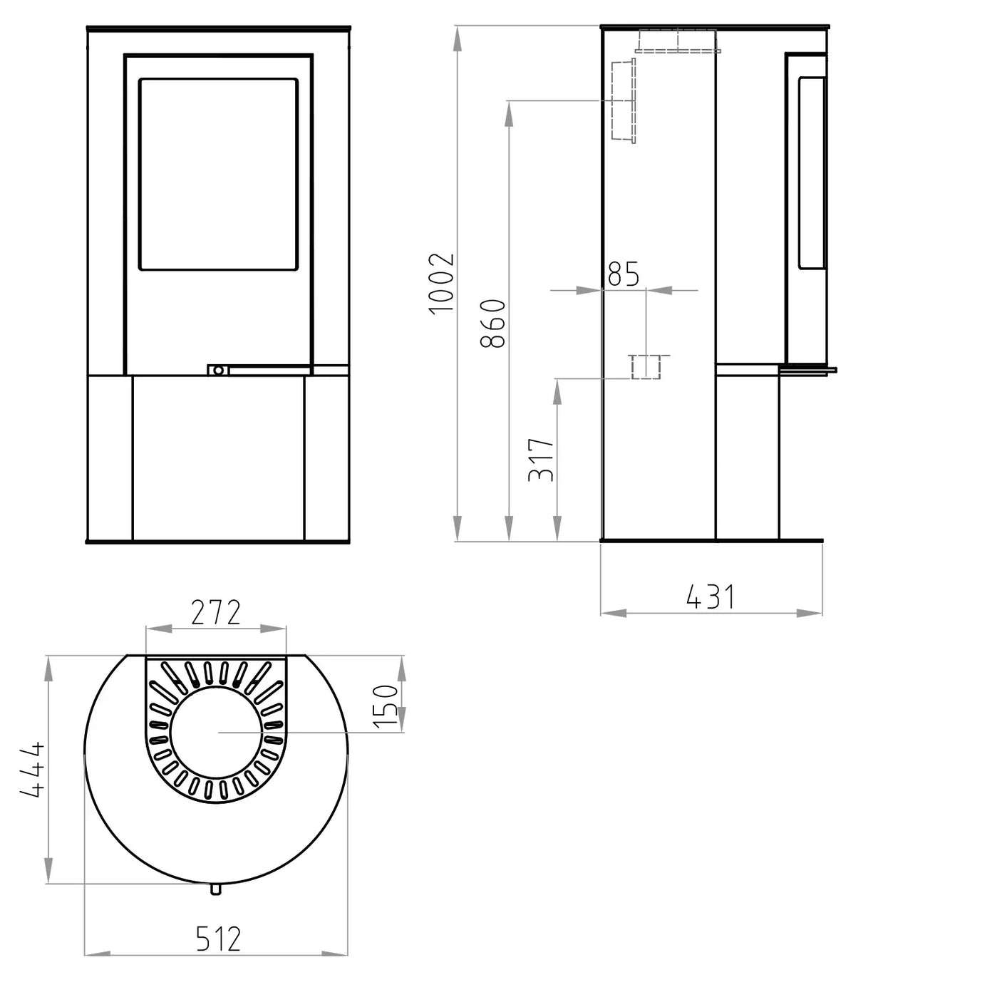 Freestanding stove technical drawing with front, side, and top measurements displayed