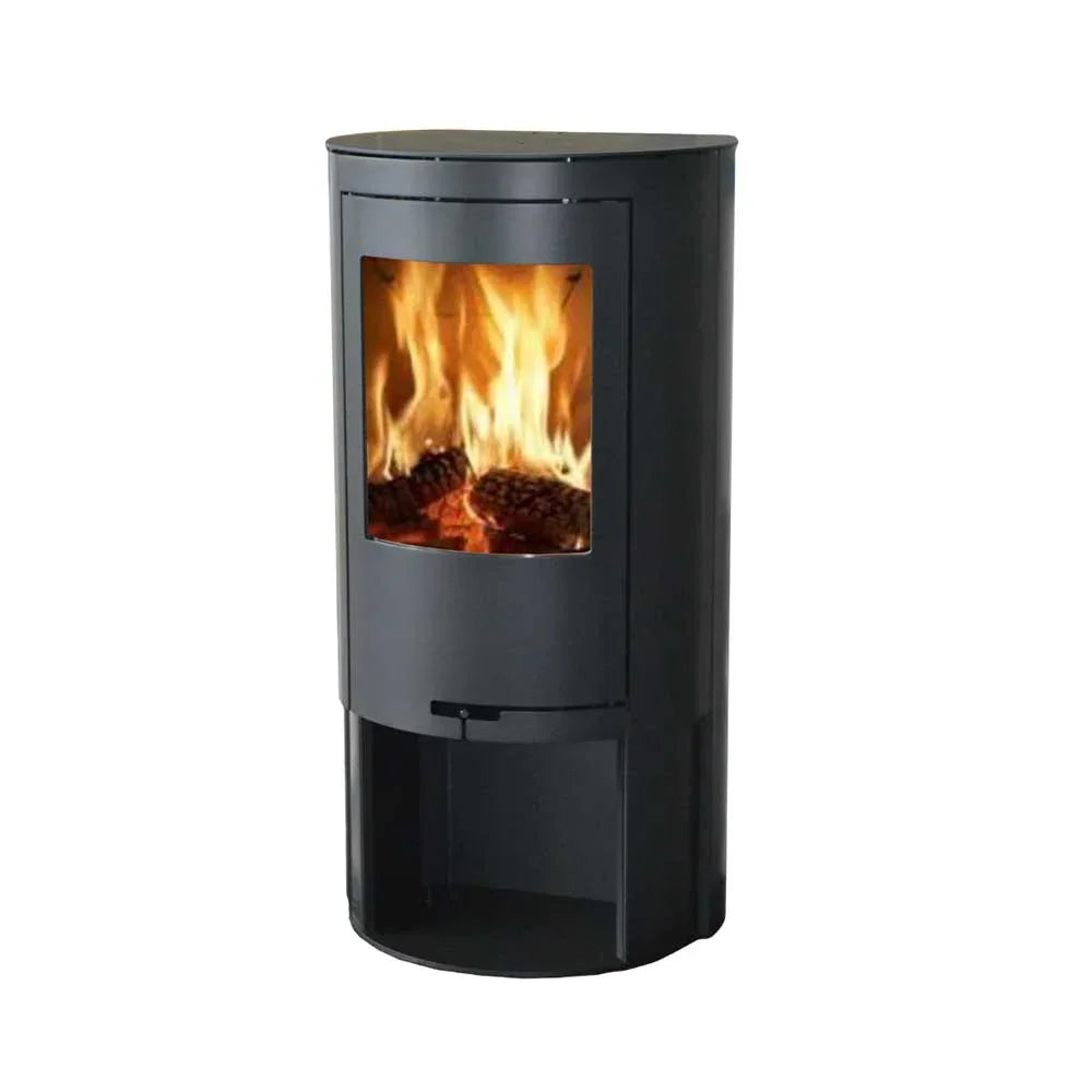 Black freestanding wood burning stove with fire visible through glass front panel
