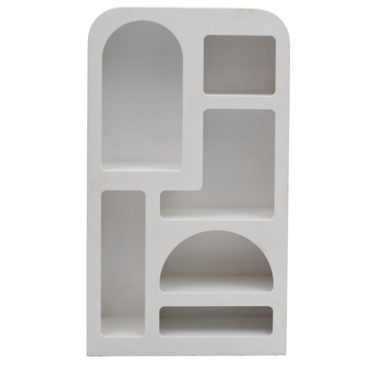 Geo tall geometric bookcase in white, showcasing modern boho design and textured finish