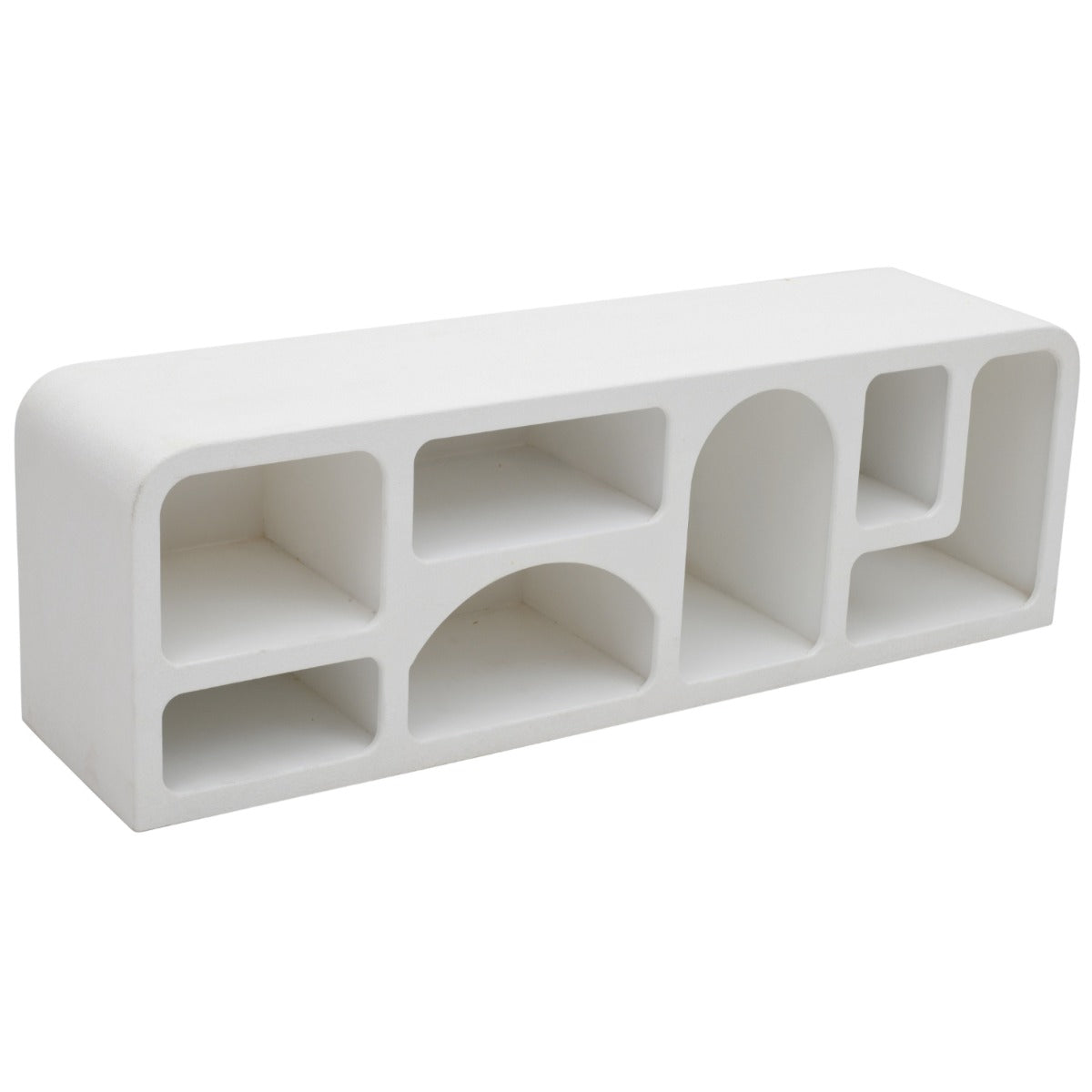 Geo geometric large TV cabinet in white MDF with open storage