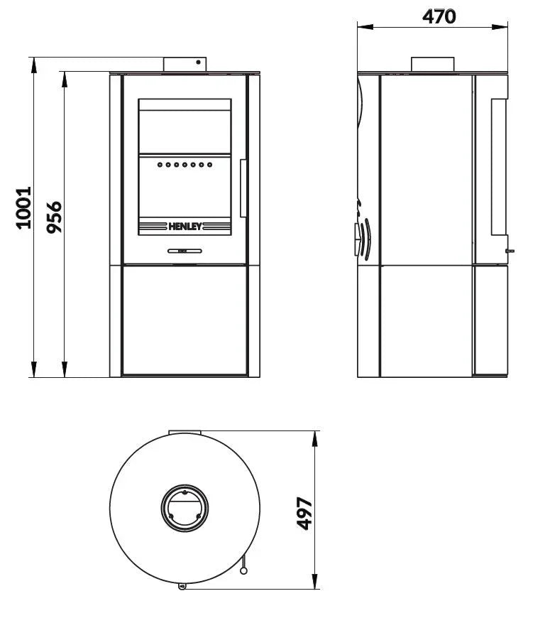 Wood burning stove technical drawing with dimensions, front, side and top views shown