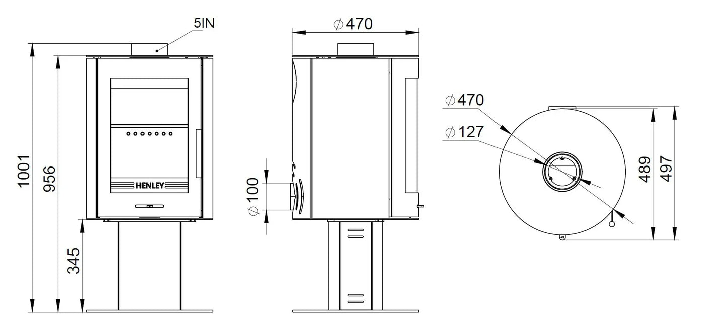 Henley pedestal stove technical drawing with front, side, and top views, including measurements
