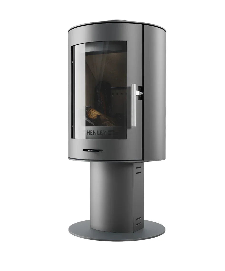 Modern freestanding wood burning stove with glass door and cylindrical base