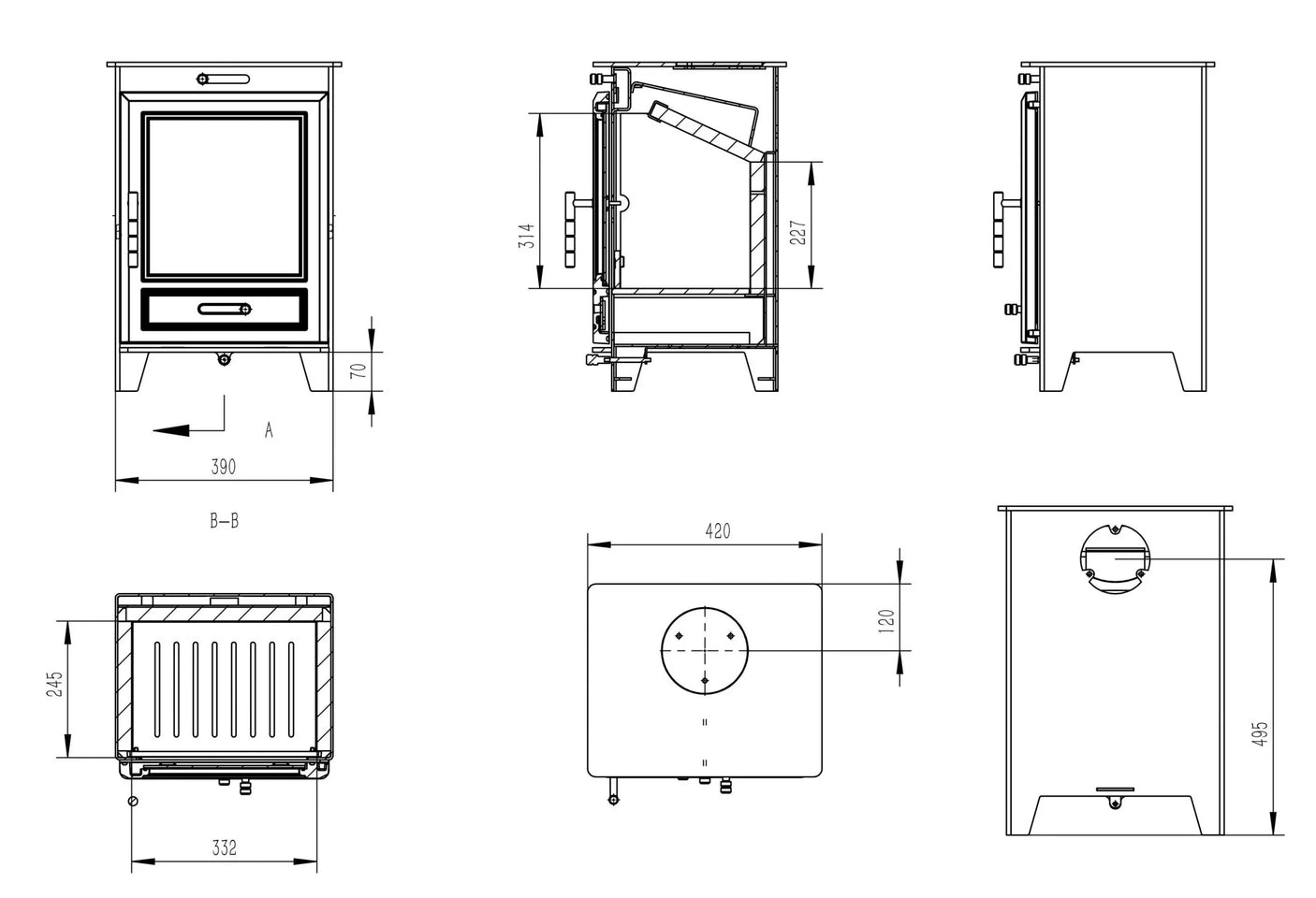 Wood burning stove technical drawing with front, side, top, and sectional views with measurements