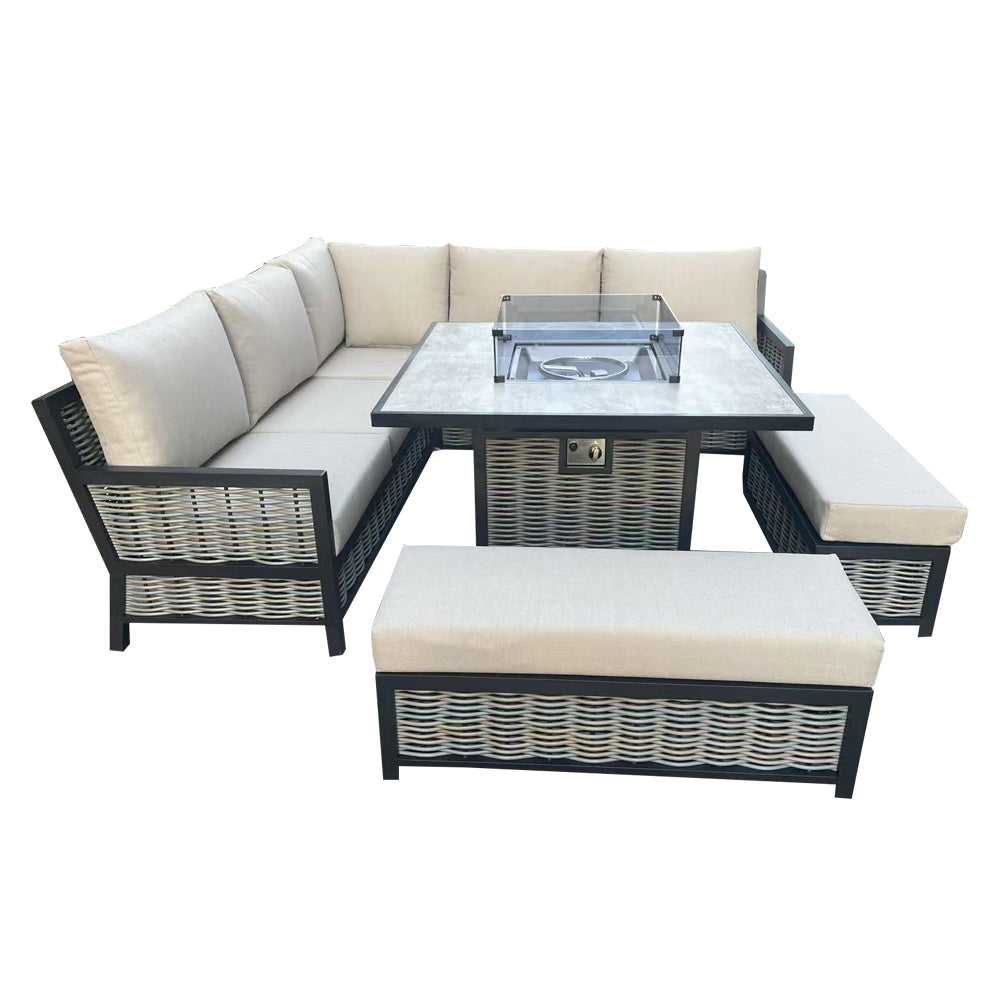 Wells Beige Rattan Sofa & Dining Set with Raised Table