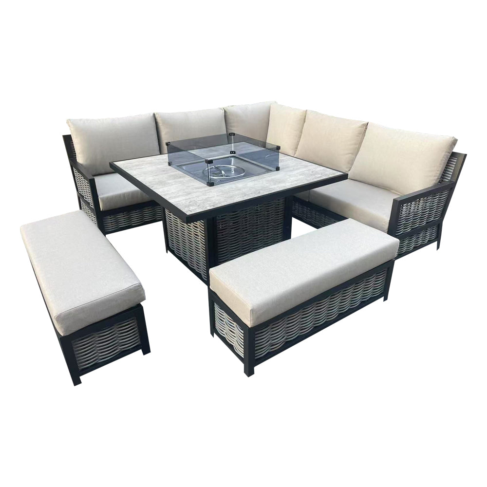 Wells Beige Rattan Sofa & Dining Set with Raised Table