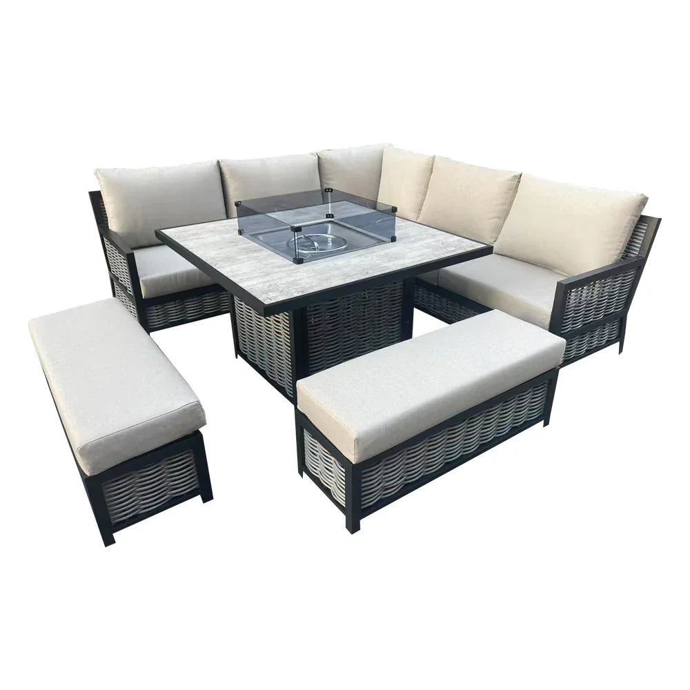 Wells Beige Rattan Sofa & Dining Set with Raised Table