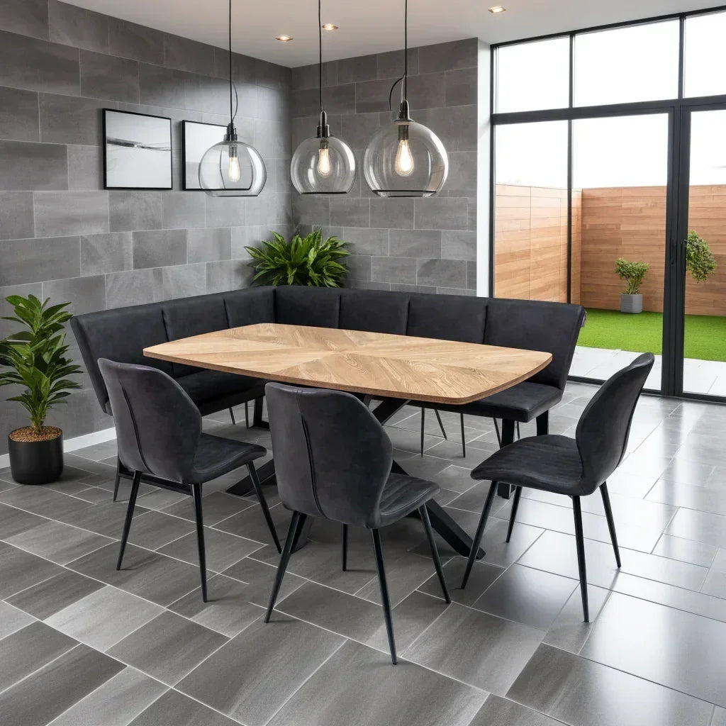 Black corner dining bench set with wooden dining table and matching chairs in modern room
