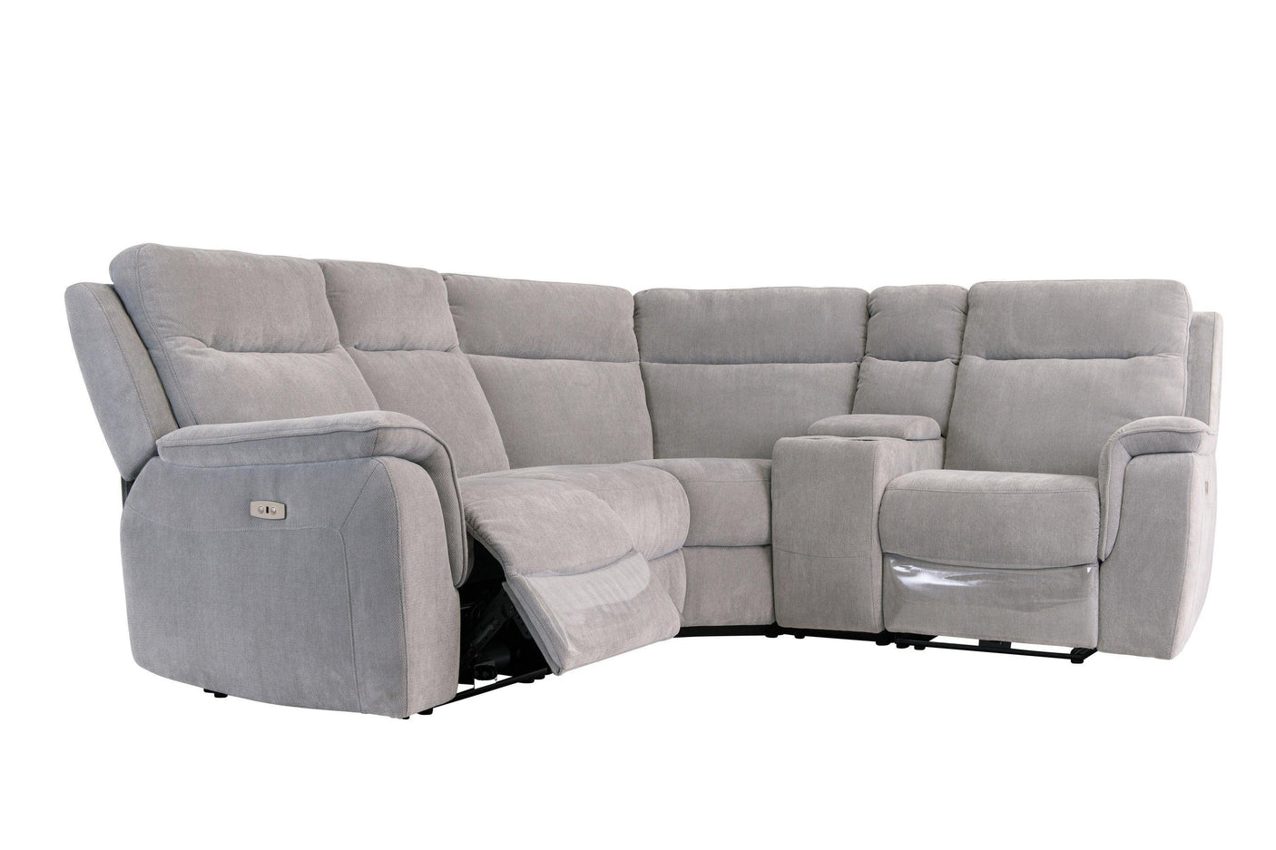 Silver grey fabric corner sofa with recliner section and built-in central console