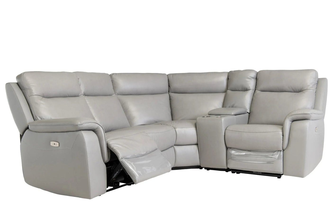 Grey leather corner sofa with recliner and cup holder console, sectional seating design