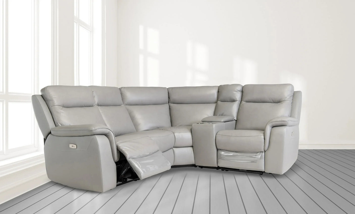 Havana grey leather corner sofa with recliner seat and cup holder on wooden floor