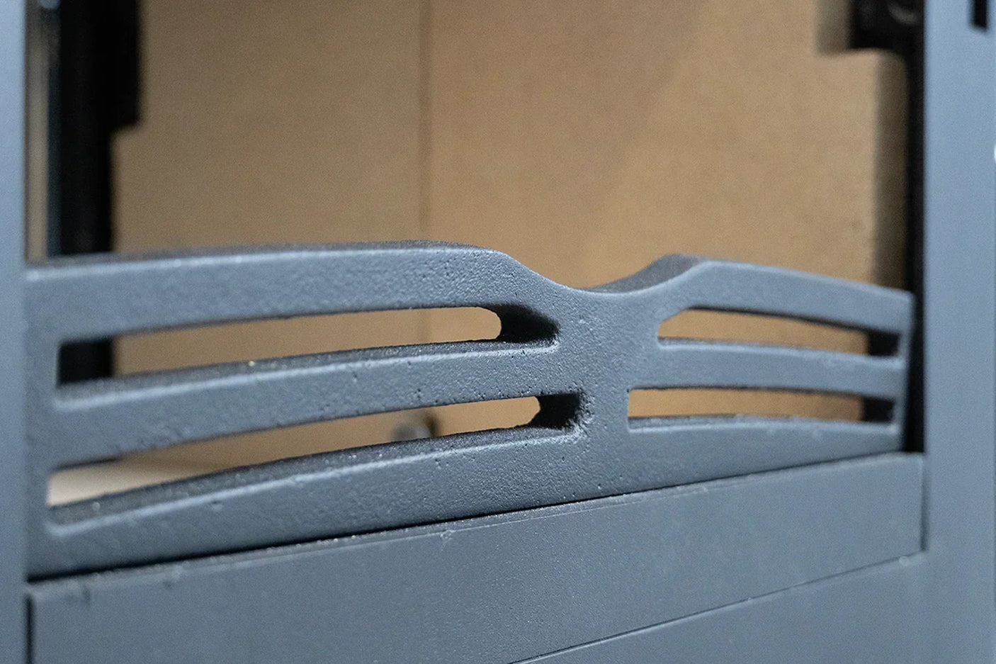 Hazelwood guard rail with matte black metal finish and horizontal vented design close-up