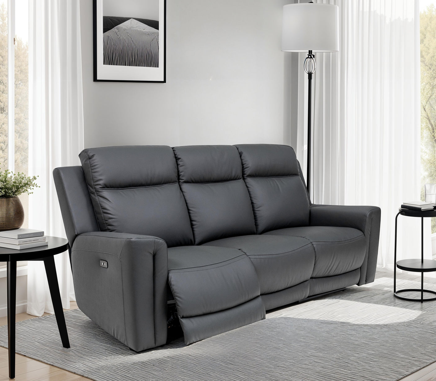 Charcoal Leather Electric Recliner Sofa - 3 Seater Comfort