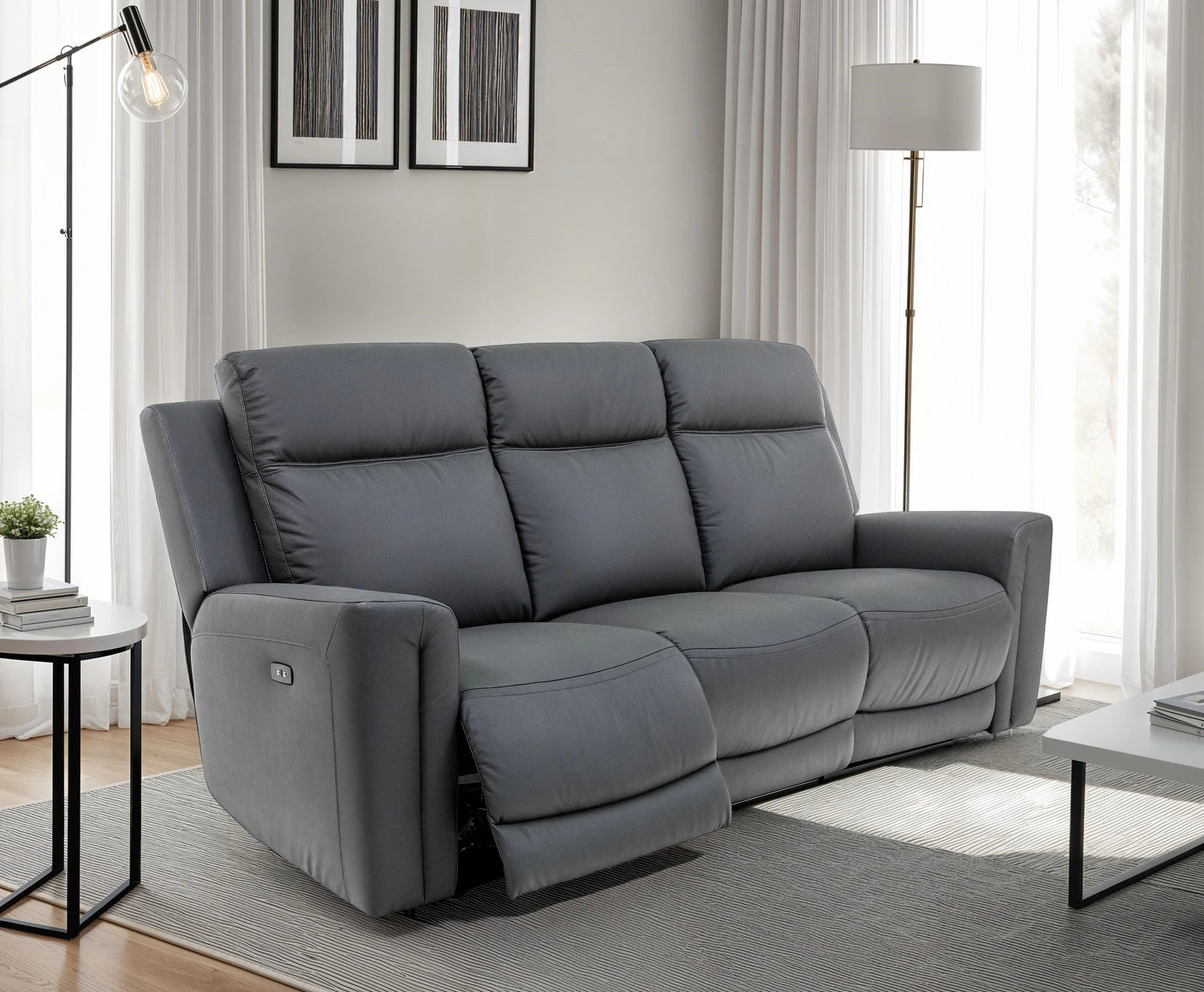 Charcoal Leather Electric Recliner Sofa - 3 Seater Comfort