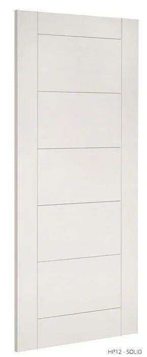 Solid white interior door with five horizontal panels, primed finish, side angle view