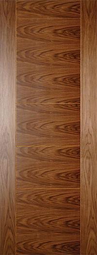 Walnut veneer interior door with horizontal grain panels and smooth finish
