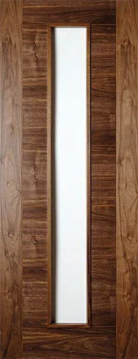 Walnut interior door with long vertical frosted glass panel center