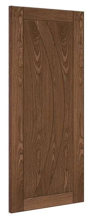 Solid wood cabinet door with curved groove detail and rich brown grain finish