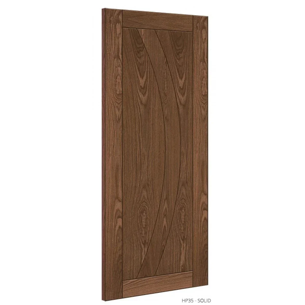 Solid walnut interior door with curved wood grain panel design, shown from an angle