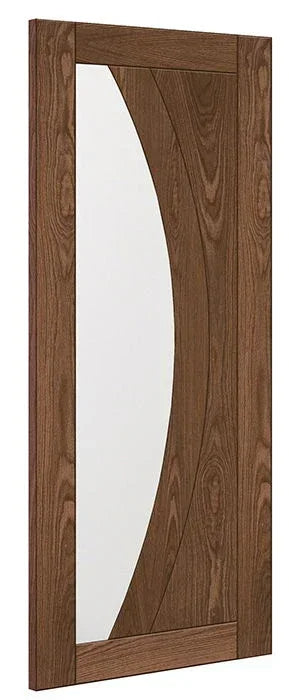 Walnut interior door with curved glass panel and modern geometric design