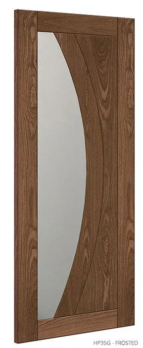 Frosted walnut interior door with curved glass panel and wood grain texture, angled view