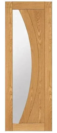 Oak internal door with curved frosted glass panel, vertical wood grain, modern design