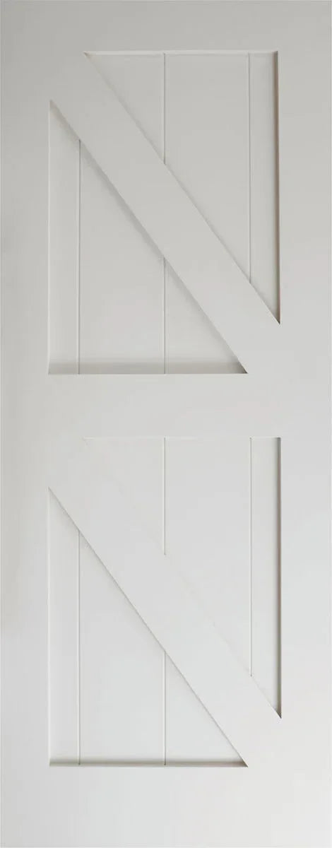 Primed white internal door with double Z panel design, viewed from the front