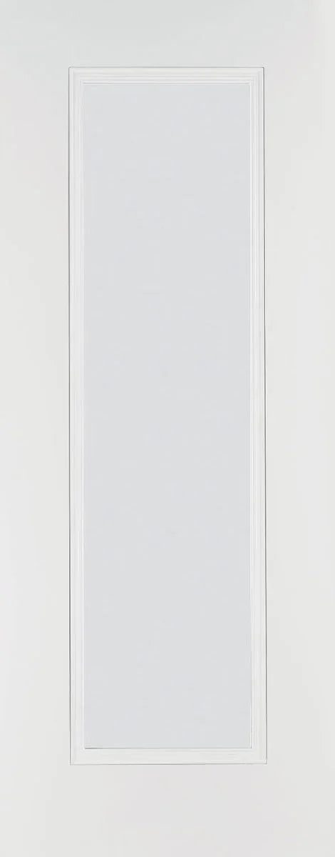 Primed clear glazed interior door with rectangular glass panel and white frame