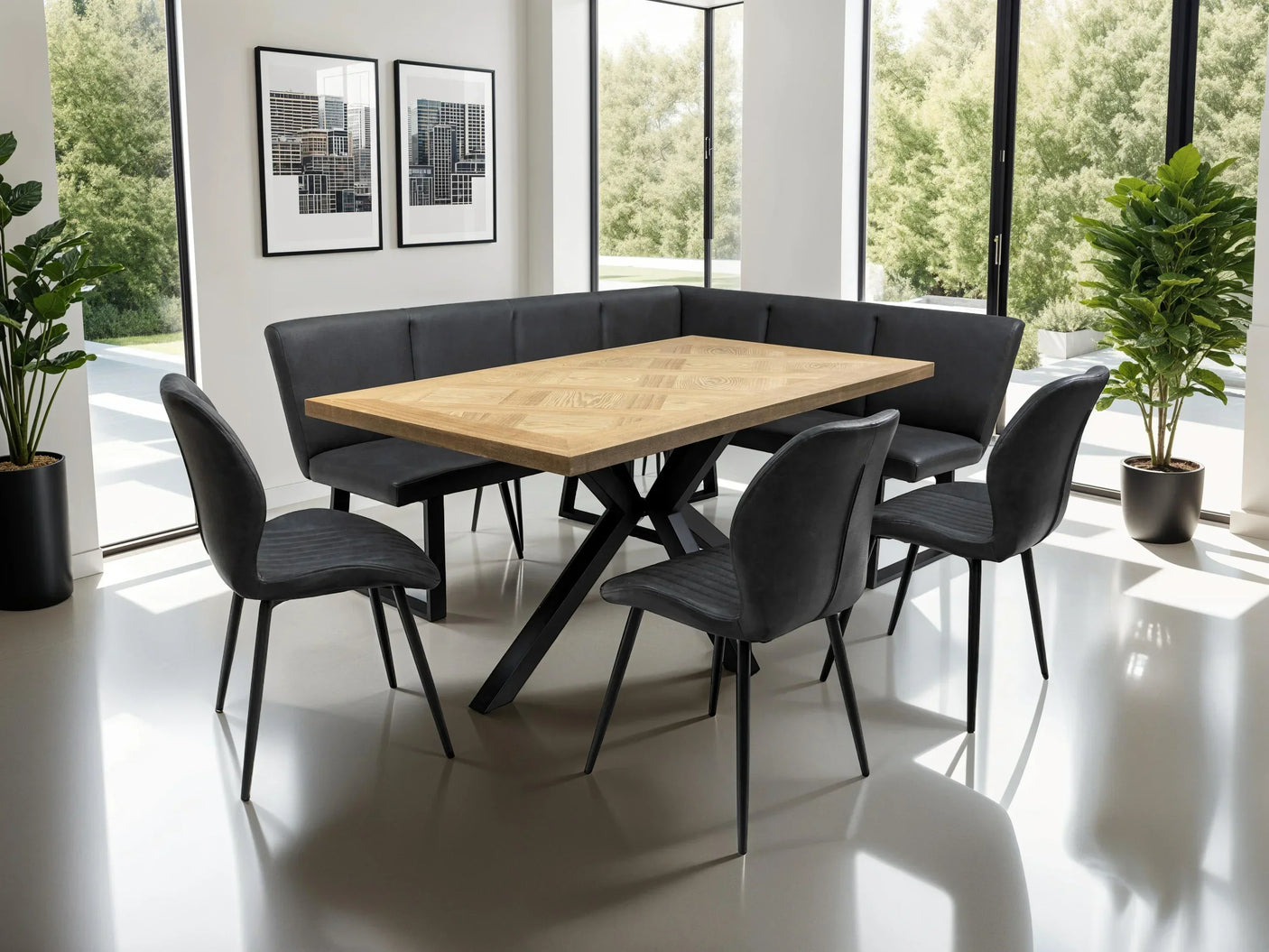 Modern dining table with wood top, black corner bench and velvet chairs in bright room