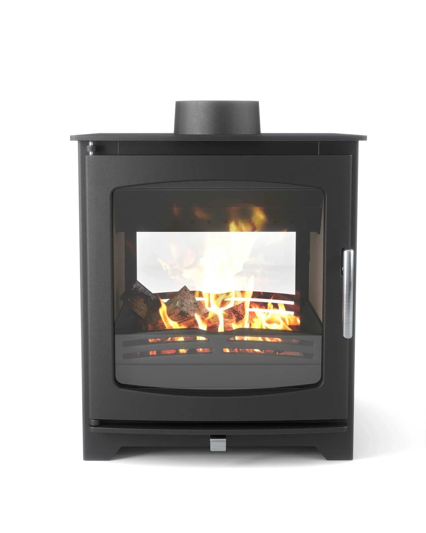 Black wood burning stove with glass door showing lit fire and logs inside