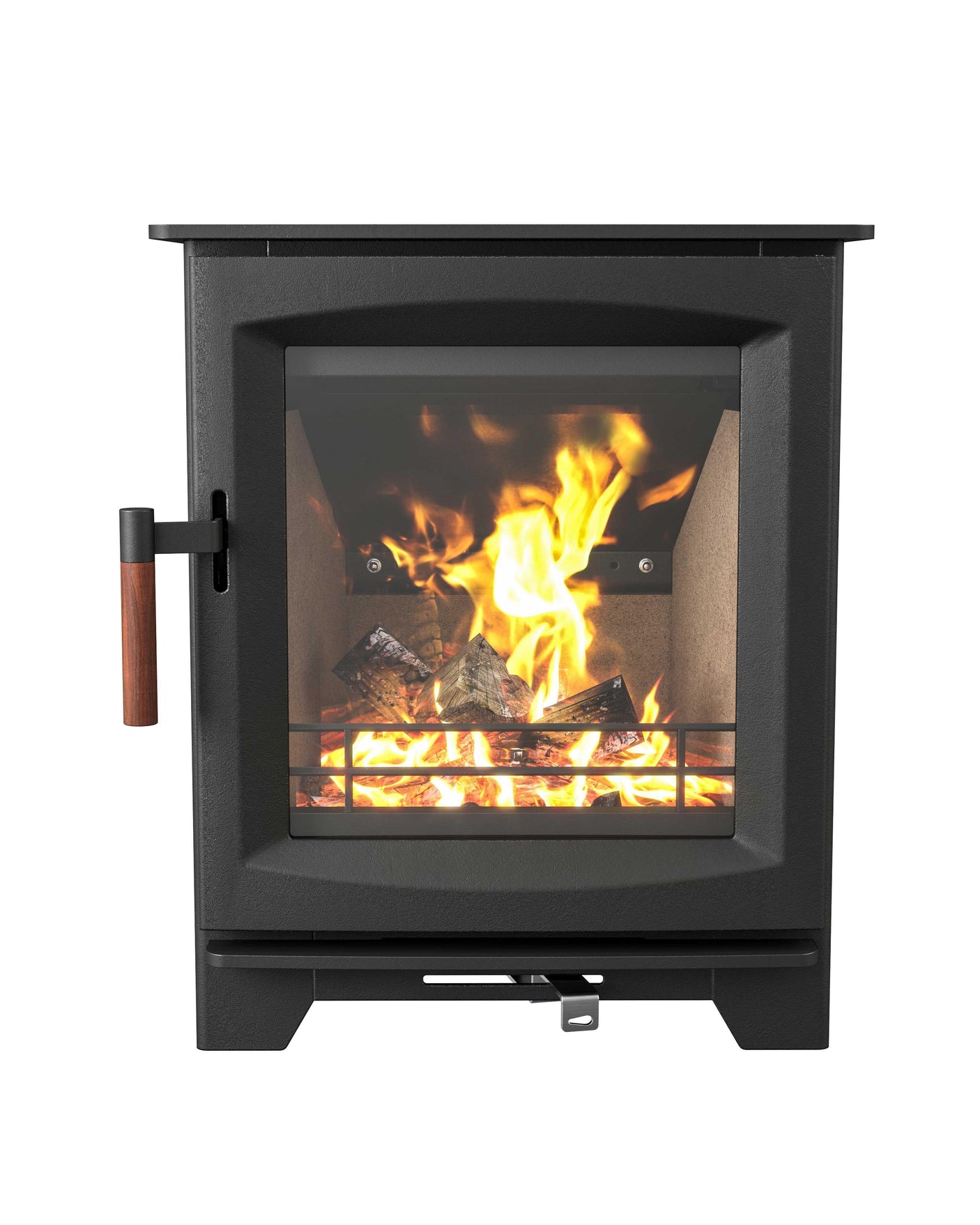 Black wood burning stove with glass door and visible flames inside, front view