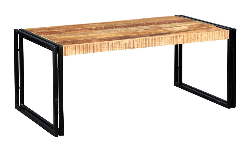 Cosmo Industrial Coffee Table Set made of reclaimed wood and metal, showcasing natural grain and banded iron edges.