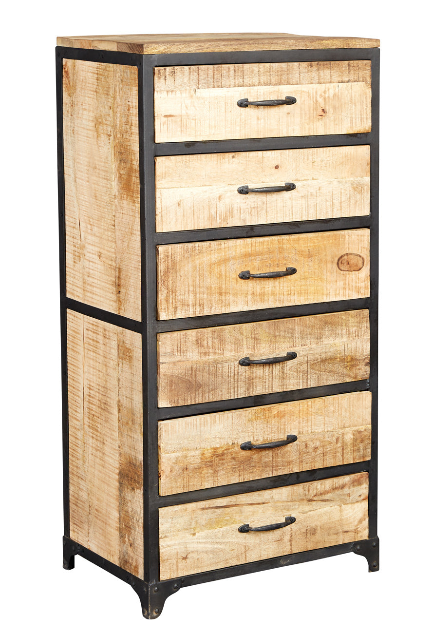 Cosmo Industrial Tall Chest made from natural wood and metal with six drawers